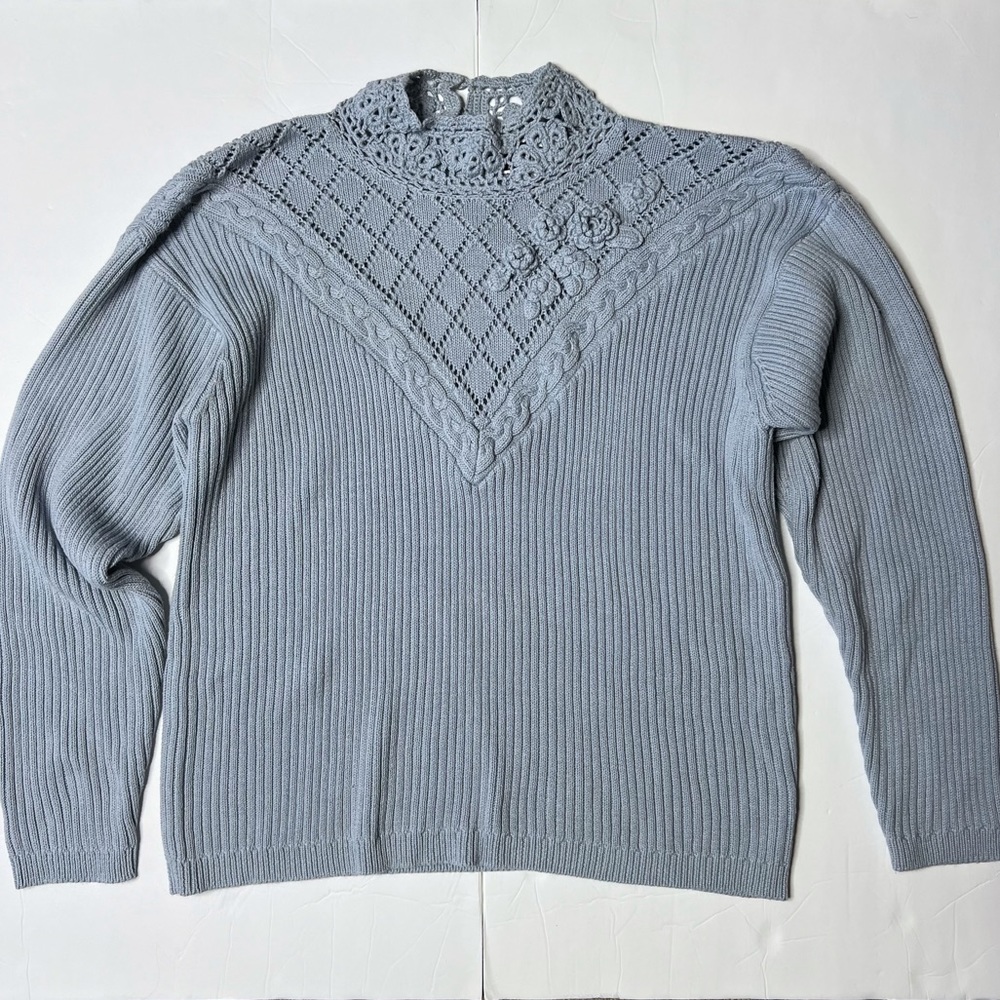 Vintage Grandma Knit Sweater Baby Blue Crochet Mock Neck Size L Large